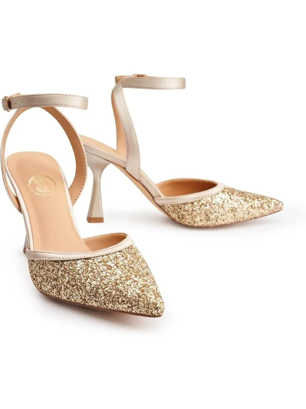 Women's Gold Slingback Pointed Toe Stiletto Heels Ankle Strap Dress Shoes